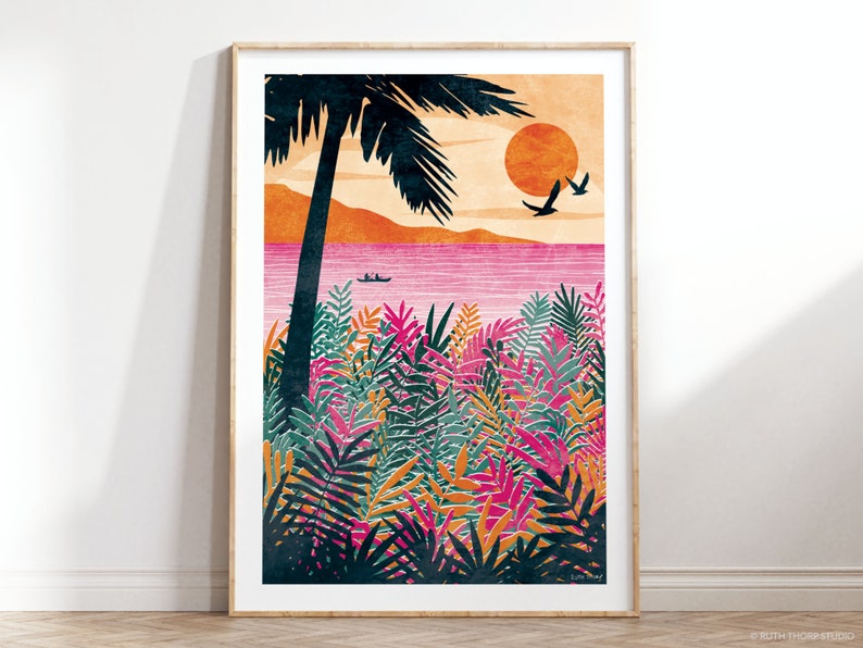 Sundown Art Print: Paradise Collection A4, A3, A2, A1 tropical palm tree, bright and bold, kayaking, colourful interior image 1