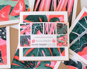 Flourish Collection Pack of 6 Greeting Cards  |  houseplants, indoor plants, tropical, colourful