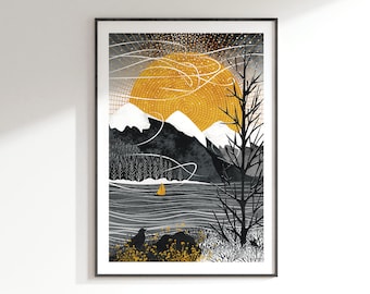 Sail on the Wind Art Print: A4, A3, A2, A1 | Journey Collection | travel and adventure, sailing boat, yellow sun, mountains