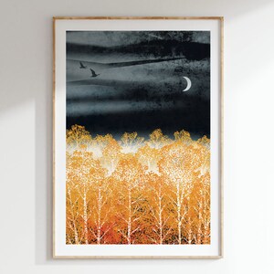 Night Light Art Print: A4, A3, A2, A1 | autumn golden birch forest | Scotland