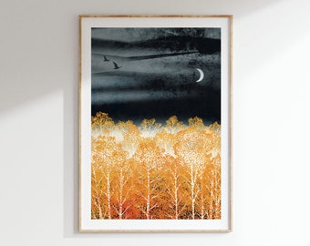 Night Light Art Print: A4, A3, A2, A1 | autumn golden birch forest | Scotland