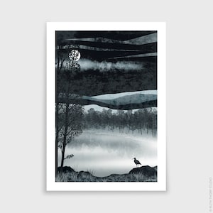Silver Loch Art Print: A4, A3, A2, A1 misty moonlight night scene Scotland curlew bird image 4