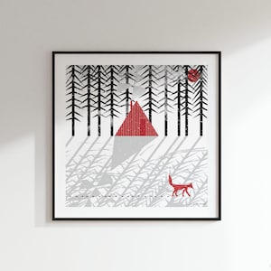 Quiet Fox Square Art Print: red cabin | winter forest | fox