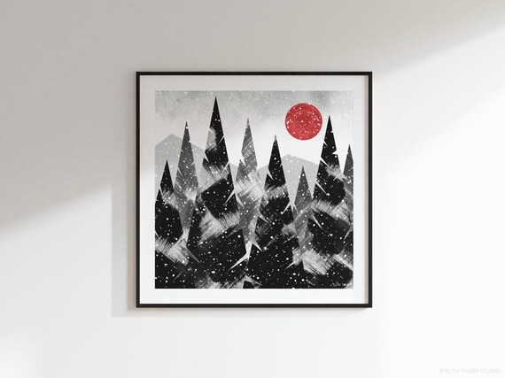 Snowfall Square Art Print: red winter sun snowy forest treetops 