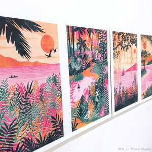 Sundown Art Print: Paradise Collection A4, A3, A2, A1 tropical palm tree, bright and bold, kayaking, colourful interior image 4