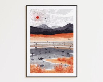 Flamingo Lake Art Print: Desert Blooming Collection A4, A3, A2, A1 | salt flats, birds, Atacama landscape, grasses, sunshine