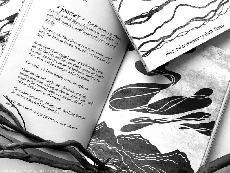 May include: Black and white illustration of a journey through a landscape with mountains and clouds. The text *journey* is highlighted in the image. The text *Illustrated & designed by Ruth Thorp* is also visible in the image.