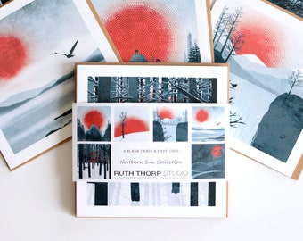 Northern Sun Collection Pack of 6 Greeting Cards  |  winter landscape, red sun
