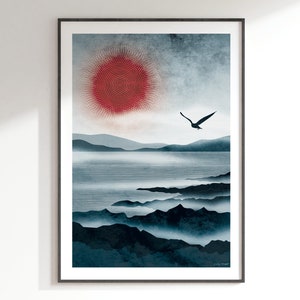 Northern Sun Art Print: A4, A3, A2, A1 / winter shoreline, seabird, red sun, rocky coast, calm ocean