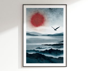 Northern Sun Art Print: A4, A3, A2, A1 / winter shoreline, seabird, red sun, rocky coast, calm ocean