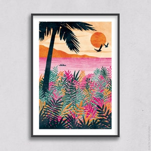 Sundown Art Print: Paradise Collection A4, A3, A2, A1 tropical palm tree, bright and bold, kayaking, colourful interior image 8