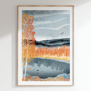 Take Flight Art Print: A4, A3, A2, A1 | Flying geese | autumn forest | Scottish loch