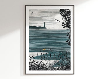 Ocean Calling Art Print: A4, A3, A2, A1 / surfer, surf art, beach, lighthouse