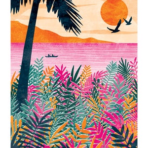 Sundown Art Print: Paradise Collection A4, A3, A2, A1 tropical palm tree, bright and bold, kayaking, colourful interior image 2