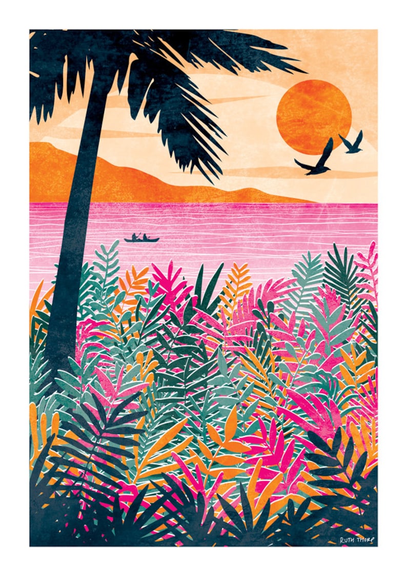 Sundown Art Print: Paradise Collection A4, A3, A2, A1 tropical palm tree, bright and bold, kayaking, colourful interior image 2