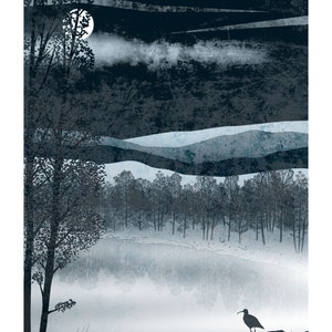 Silver Loch Art Print: A4, A3, A2, A1 misty moonlight night scene Scotland curlew bird image 2