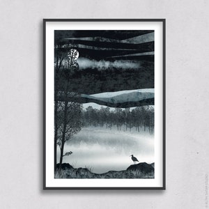 Silver Loch Art Print: A4, A3, A2, A1 misty moonlight night scene Scotland curlew bird image 5
