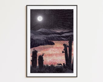 Desert Dreaming Art Print: Desert Blooming Collection A4, A3, A2, A1 | night landscape, moonlight, starry sky, fox, bats, Atacama flowers