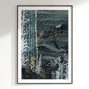 Into the Deep Art Print: Ocean Collection A4, A3, A2, A1  |  kelp forest, underwater, deep sea diving