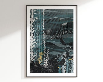 Into the Deep Art Print: Ocean Collection A4, A3, A2, A1  |  kelp forest, underwater, deep sea diving