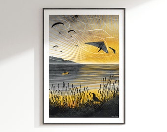 Sunset Flight Art Print: A4, A3, A2, A1 | Journey Collection | beach, coastal adventure, sea kayak, paragliding, hang gliding