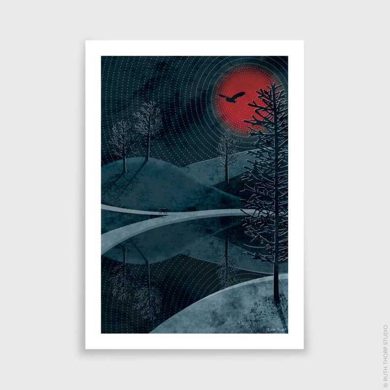 May include: A digital illustration of a dark blue landscape with a red moon and a bird flying overhead. The landscape features rolling hills, a lake, and trees. The moon is surrounded by concentric circles of dots.