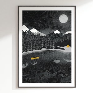 Night Paddle Art Print: A4, A3, A2, A1 Journey Collection yellow and black, canoe, starlight, nightsky, moon, camping, mountains image 1