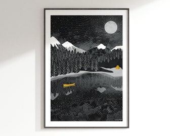 Night Paddle Art Print: A4, A3, A2, A1 | Journey Collection | yellow and black, canoe, starlight, nightsky, moon, camping, mountains