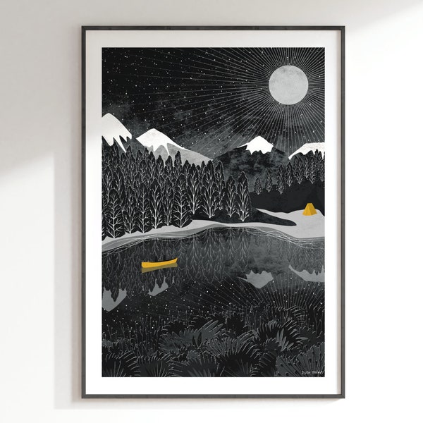 Night Paddle Art Print: A4, A3, A2, A1 | Journey Collection | yellow and black, canoe, starlight, nightsky, moon, camping, mountains
