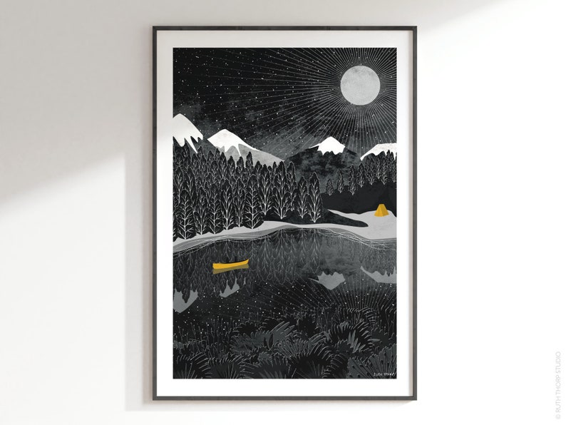 Night Paddle Art Print: A4, A3, A2, A1 Journey Collection yellow and black, canoe, starlight, nightsky, moon, camping, mountains image 1