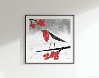 Watching Square Art Print: winter bird sitting on branch | robin | snow | red berries