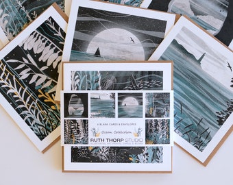 Ocean Collection Pack of 6 Greeting Cards  |  sea, surf, sailing boat, kelp forests, underwater, beach, moonlight