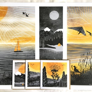 Night Paddle Art Print: A4, A3, A2, A1 Journey Collection yellow and black, canoe, starlight, nightsky, moon, camping, mountains image 5