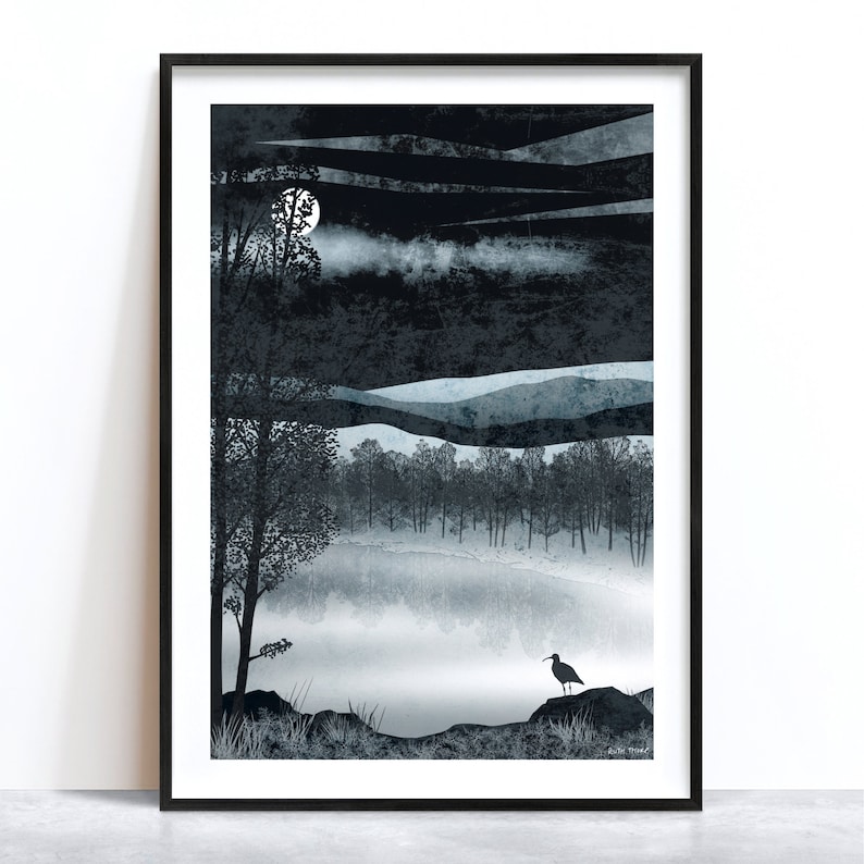 Silver Loch Art Print: A4, A3, A2, A1 misty moonlight night scene Scotland curlew bird image 3