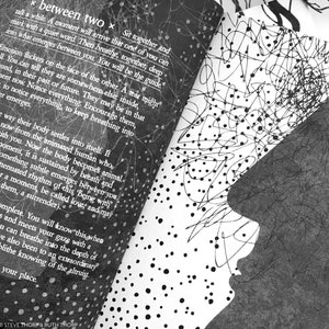 May include: Black and white image of a person's face with a background of scribbles and dots. The text "between two" is visible in the upper left corner of the image.