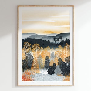 Golden Forest Art Print: A4, A3, A2, A1 Scotland Cairngorm Reindeer Art