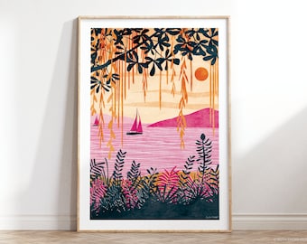 Paradise Island Art Print: A4, A3, A2, A1 | pink sailing boat, vibrant home, coastal, sunshine