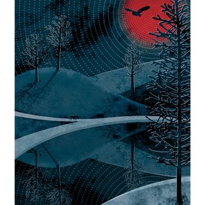 May include: A digital illustration of a dark blue landscape with a red sun setting behind a silhouette of a bird. The landscape features a winding river, trees, and hills. The image has a textured, painterly style.