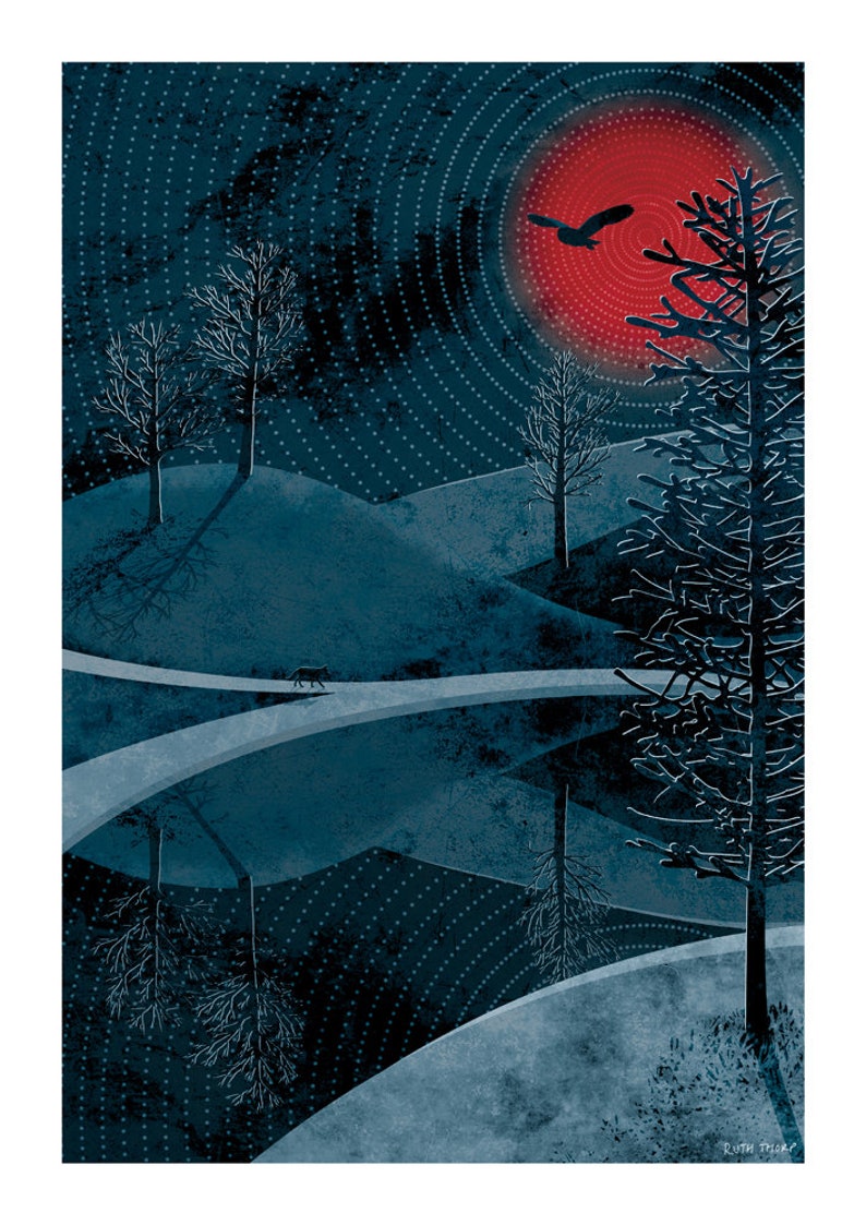 May include: A digital illustration of a dark blue landscape with a red sun setting behind a silhouette of a bird. The landscape features a winding river, trees, and hills. The image has a textured, painterly style.
