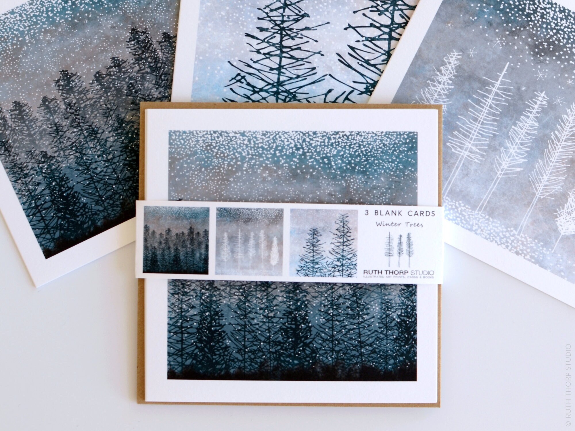 Winter Trees Collection Pack of 3 Greeting Cards  |  snowy landscape, blue