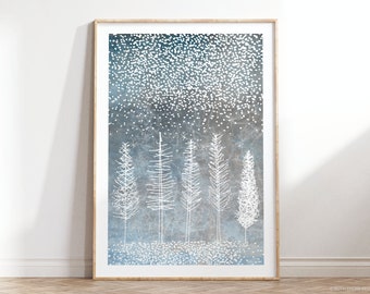 Winter Trees Art Print: A4, A3, A2, A1 | snowy forest, wallart, blue and white, calm interior