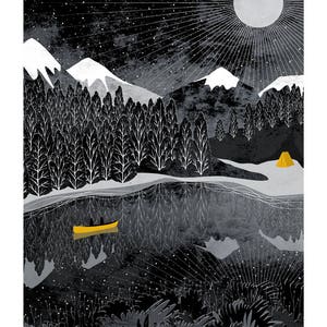 Night Paddle Art Print: A4, A3, A2, A1 Journey Collection yellow and black, canoe, starlight, nightsky, moon, camping, mountains image 2