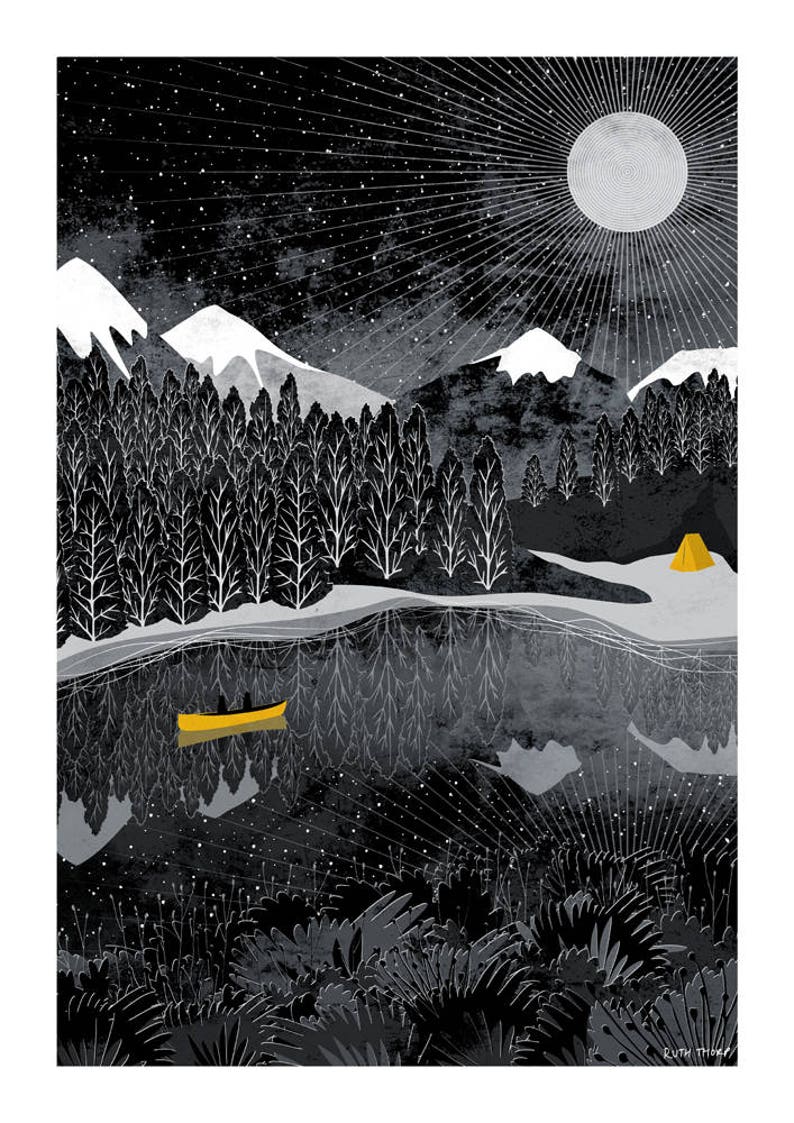 Night Paddle Art Print: A4, A3, A2, A1 Journey Collection yellow and black, canoe, starlight, nightsky, moon, camping, mountains image 2