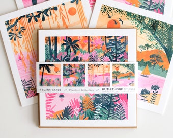 Paradise Collection Pack of 4 Greeting Cards  |  tropical, colourful, summer adventure, jungle