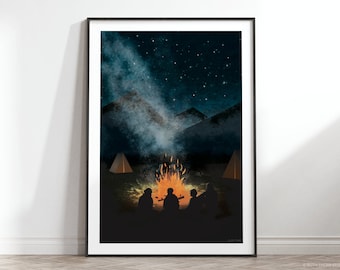 The Gathering Art Print: A4, A3, A2, A1 / fireside, friends, camping, nightsky stars, campfire