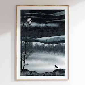 Silver Loch Art Print: A4, A3, A2, A1 misty moonlight night scene Scotland curlew bird image 1