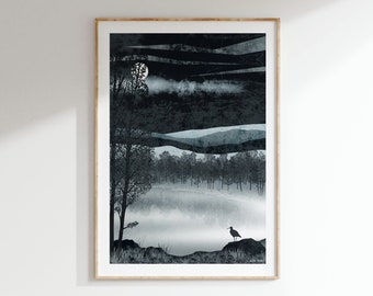 Silver Loch Art Print: A4, A3, A2, A1 | misty moonlight night scene | Scotland | curlew bird