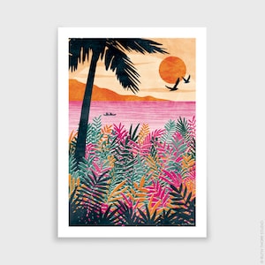 Sundown Art Print: Paradise Collection A4, A3, A2, A1 tropical palm tree, bright and bold, kayaking, colourful interior image 3