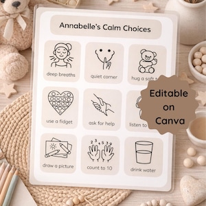 Può includere: Un grafico stampabile beige e bianco intitolato "Annabelle's Calm Choices" con illustrazioni e suggerimenti testuali per la gestione delle emozioni. Include un orsacchiotto, un giocattolo pop-it e il testo "Editable on Canva".