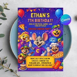 Puede incluir: Una colorida invitación de fiesta de cumpleaños con personajes de dibujos animados, globos y el texto "ETHAN'S 7TH BIRTHDAY!". La invitación incluye detalles para una fiesta de Chuck E. Cheese, con un gráfico de boleto y el logotipo de Canva.